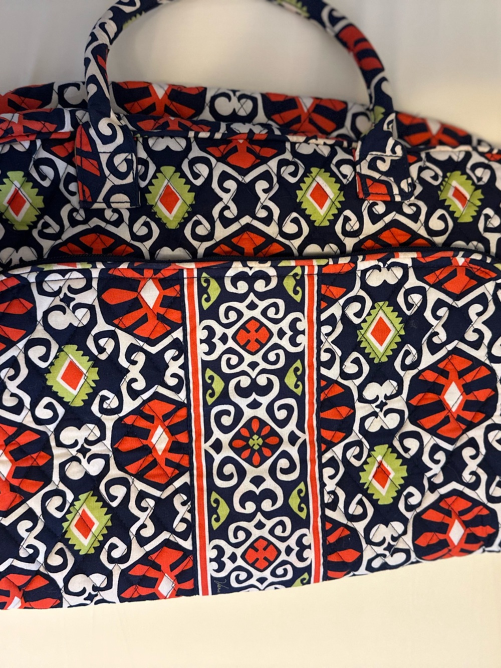 Patterned Quilted Tote Bag in Navy, Red & Lime